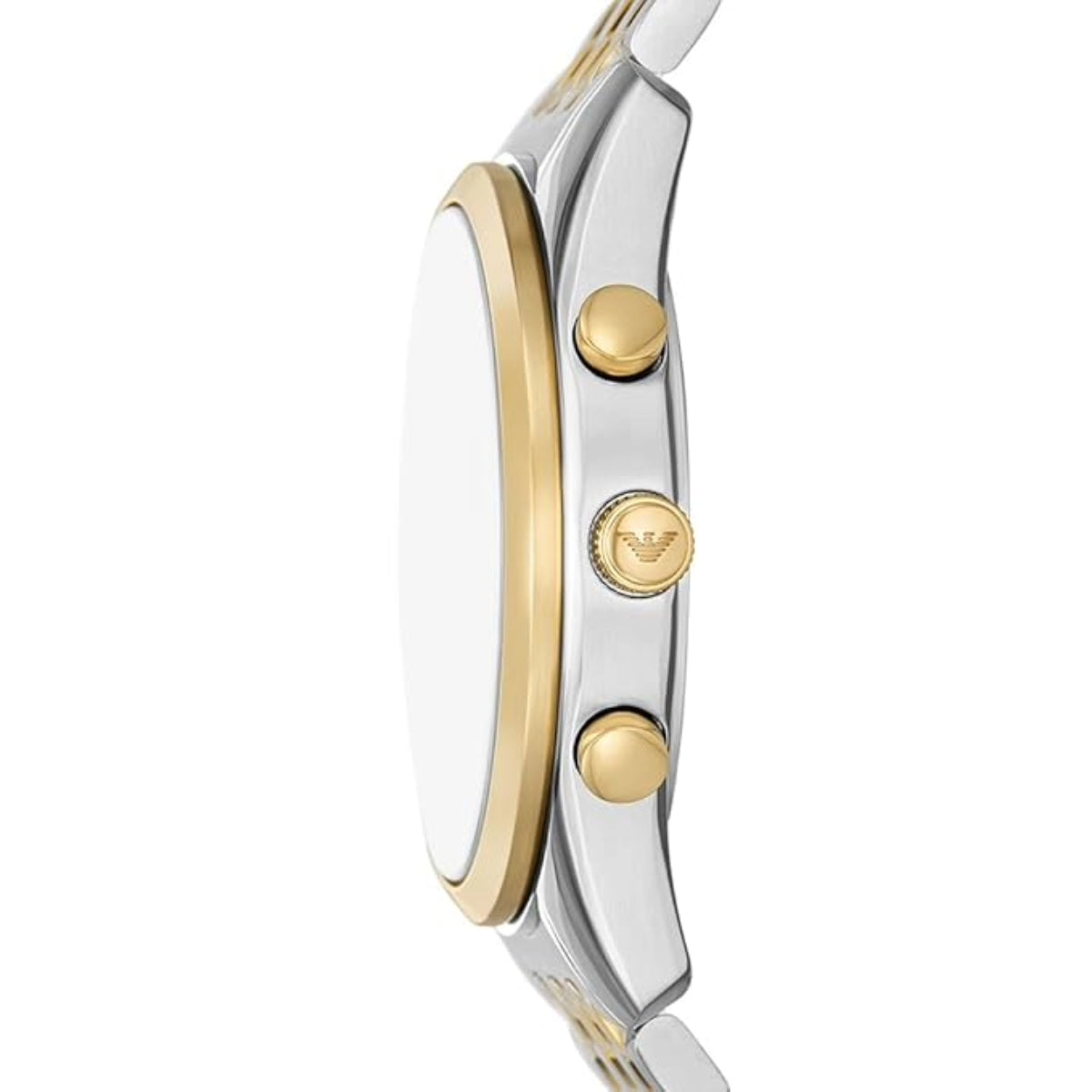 Two-tone watch with gold and silver design on a white background