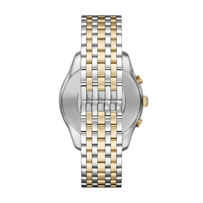 Watch with a two-tone metal bracelet on a white background