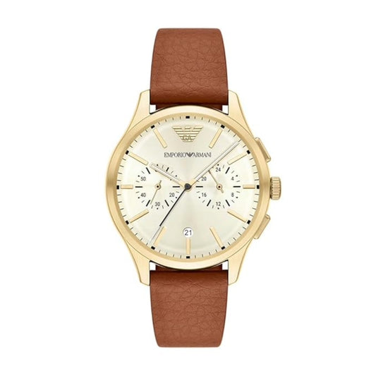 Gold watch with a brown leather strap on a white background