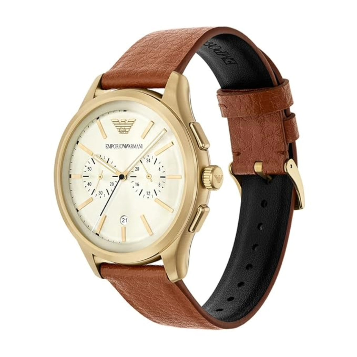 Emporio Armani watch with brown leather strap on a white background