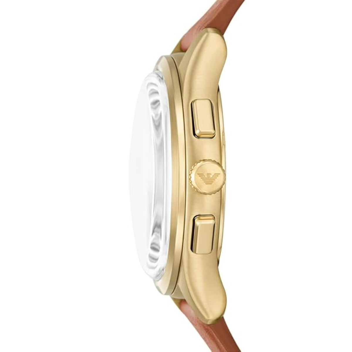 Gold watch with a brown strap on a white background