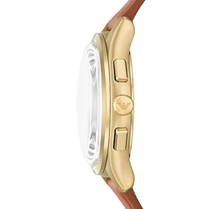 Gold watch with a brown strap on a white background