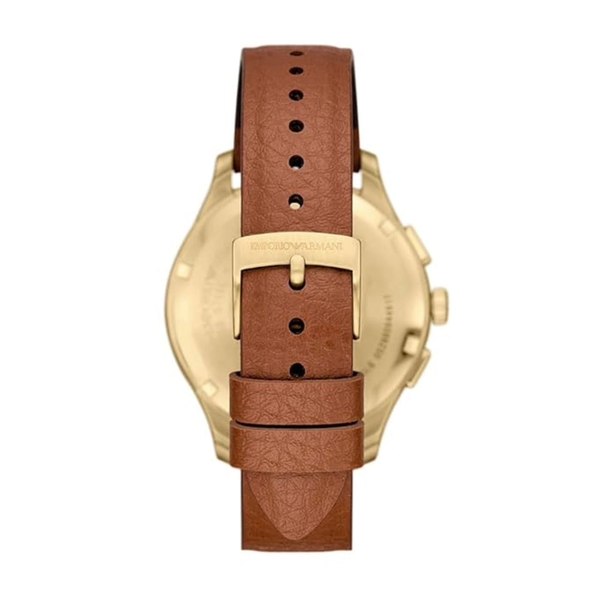 Gold watch with brown leather strap on a white background