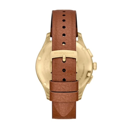 Gold watch with brown leather strap on a white background