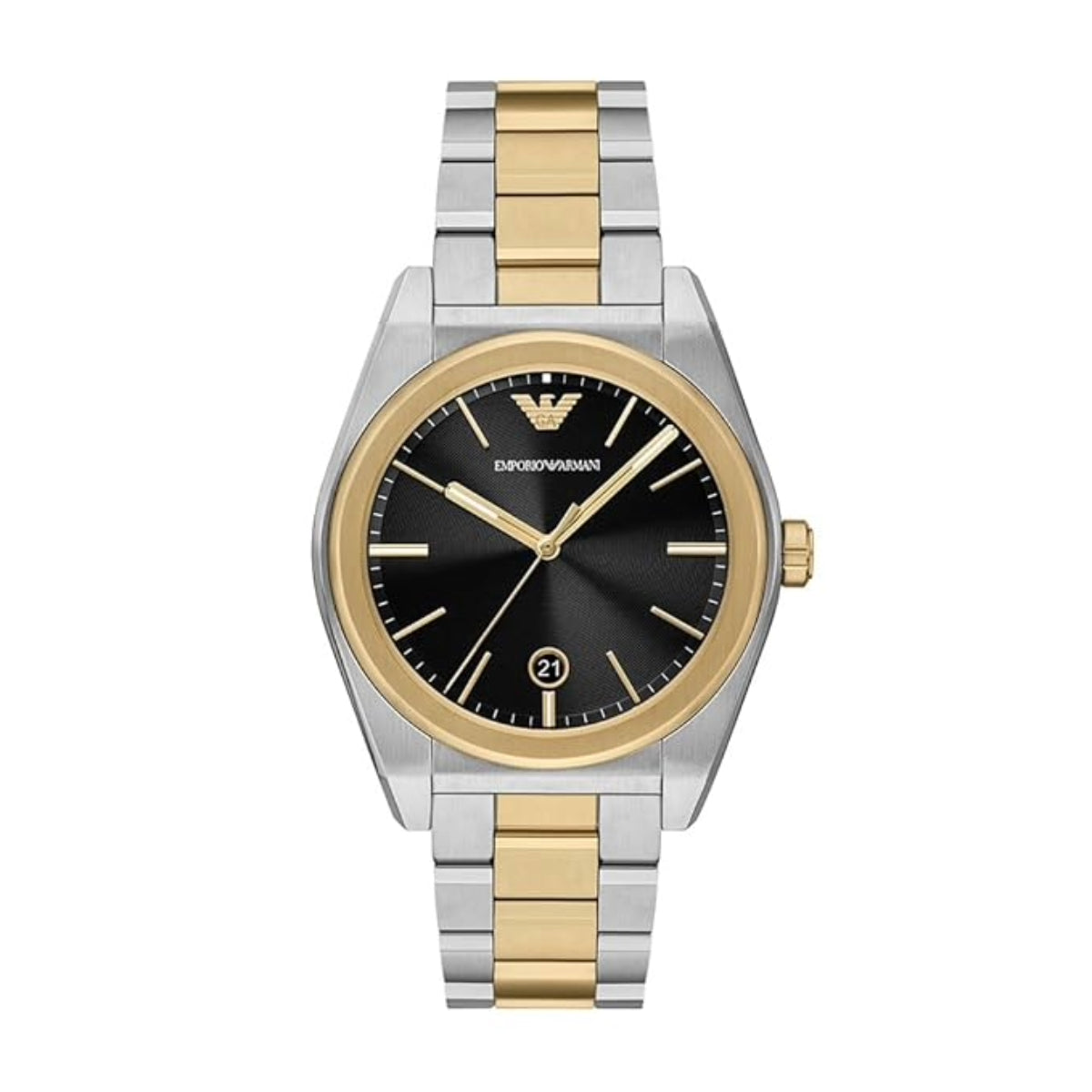 Two-tone watch with gold and silver band on a white background