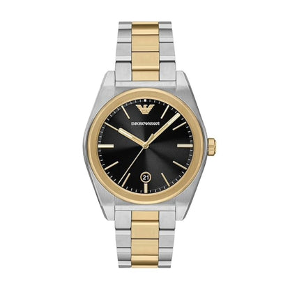 Two-tone watch with gold and silver band on a white background