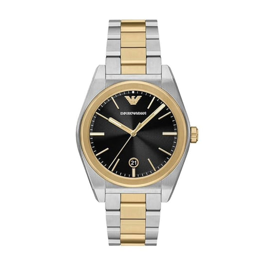 Two-tone watch with gold and silver band on a white background