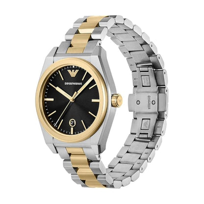 Two-tone watch with gold and silver band on a white background