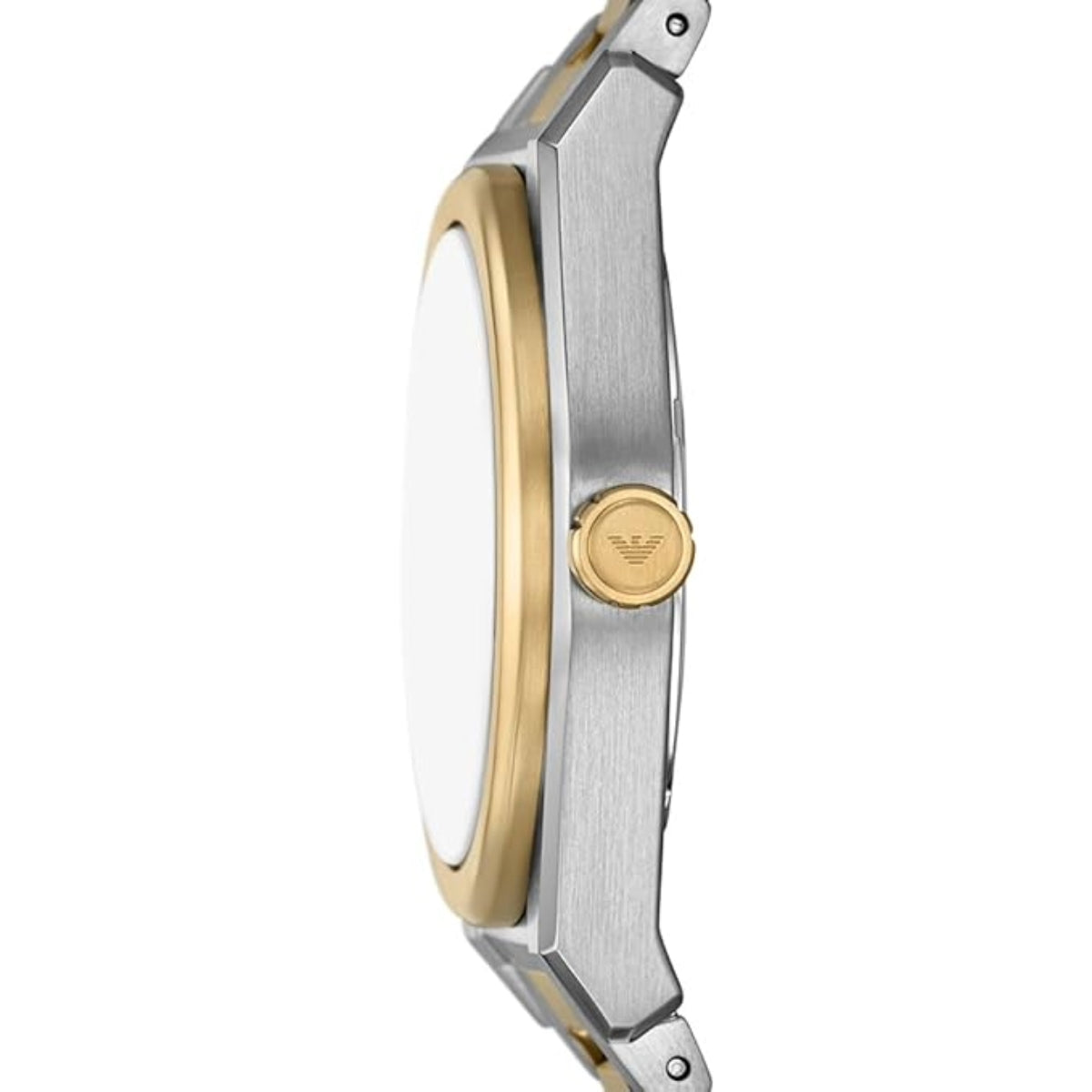 Close-up of a watch with a gold and silver band on a white background