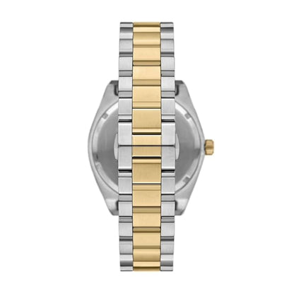 Watch with two-tone gold and silver bracelet on a white background