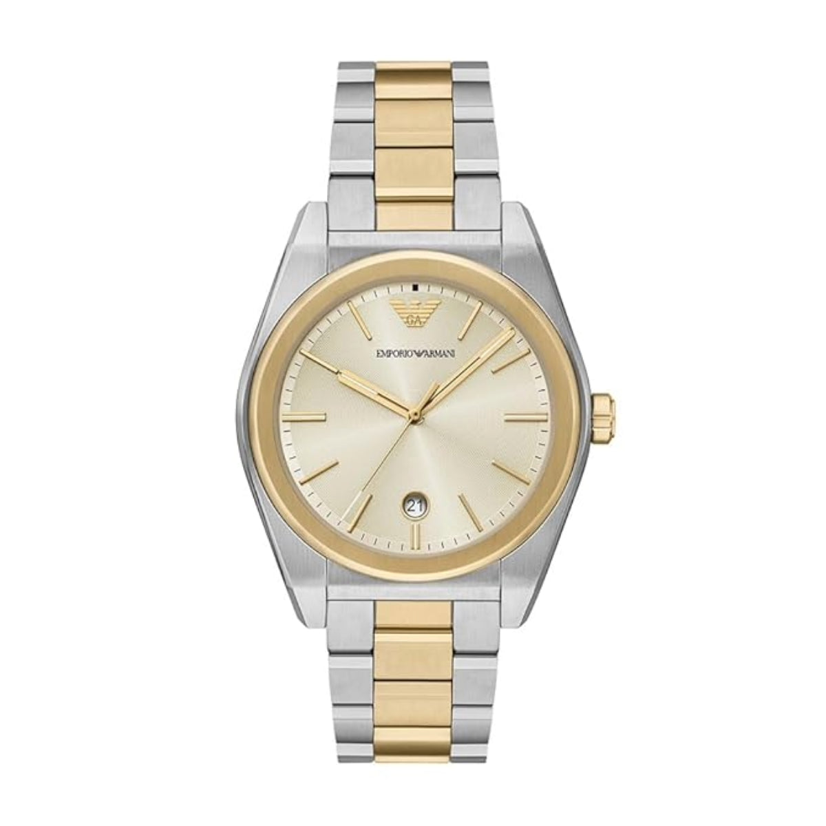 Two-tone silver and gold watch with a beige face on a white background