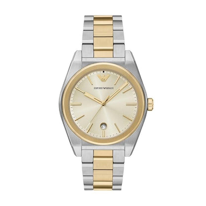 Two-tone silver and gold watch with a beige face on a white background