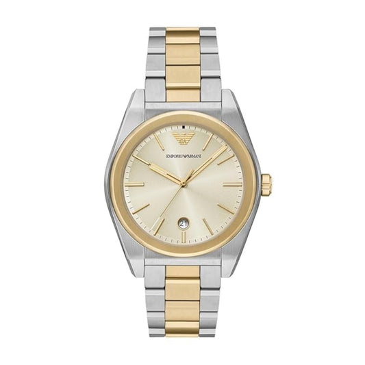 Two-tone silver and gold watch with a beige face on a white background