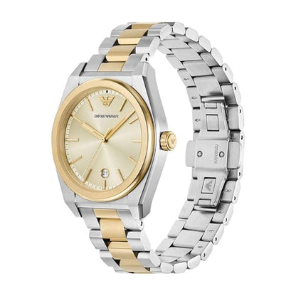 Two-tone watch with gold and silver band on a white background