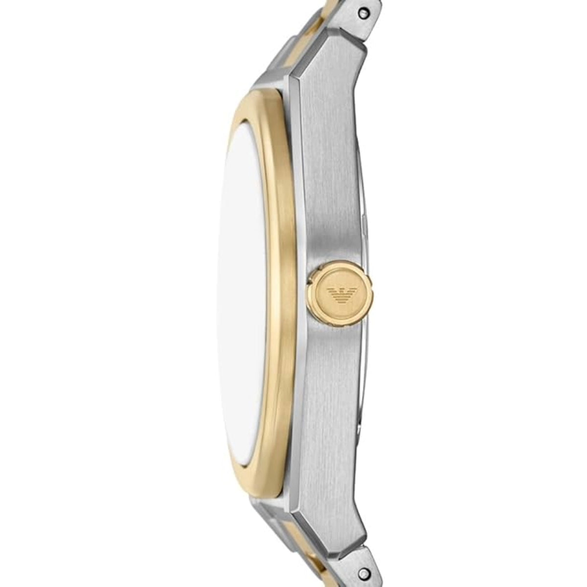 Two-tone watch with gold and silver design on a white background