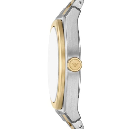 Two-tone watch with gold and silver design on a white background