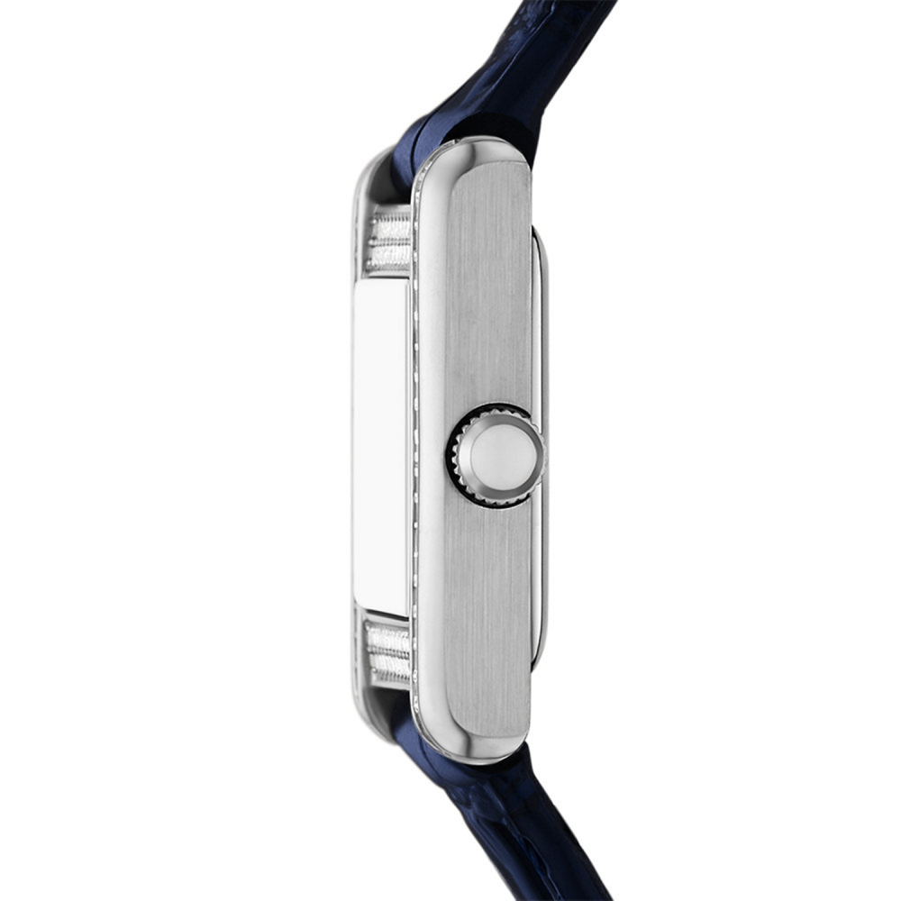 Close-up of a watch with a blue strap and silver case on a white background