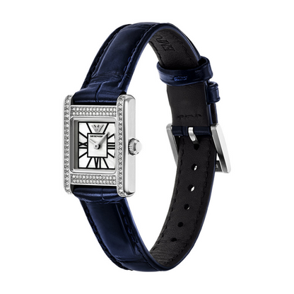 Watch with black leather strap and silver case on a white background