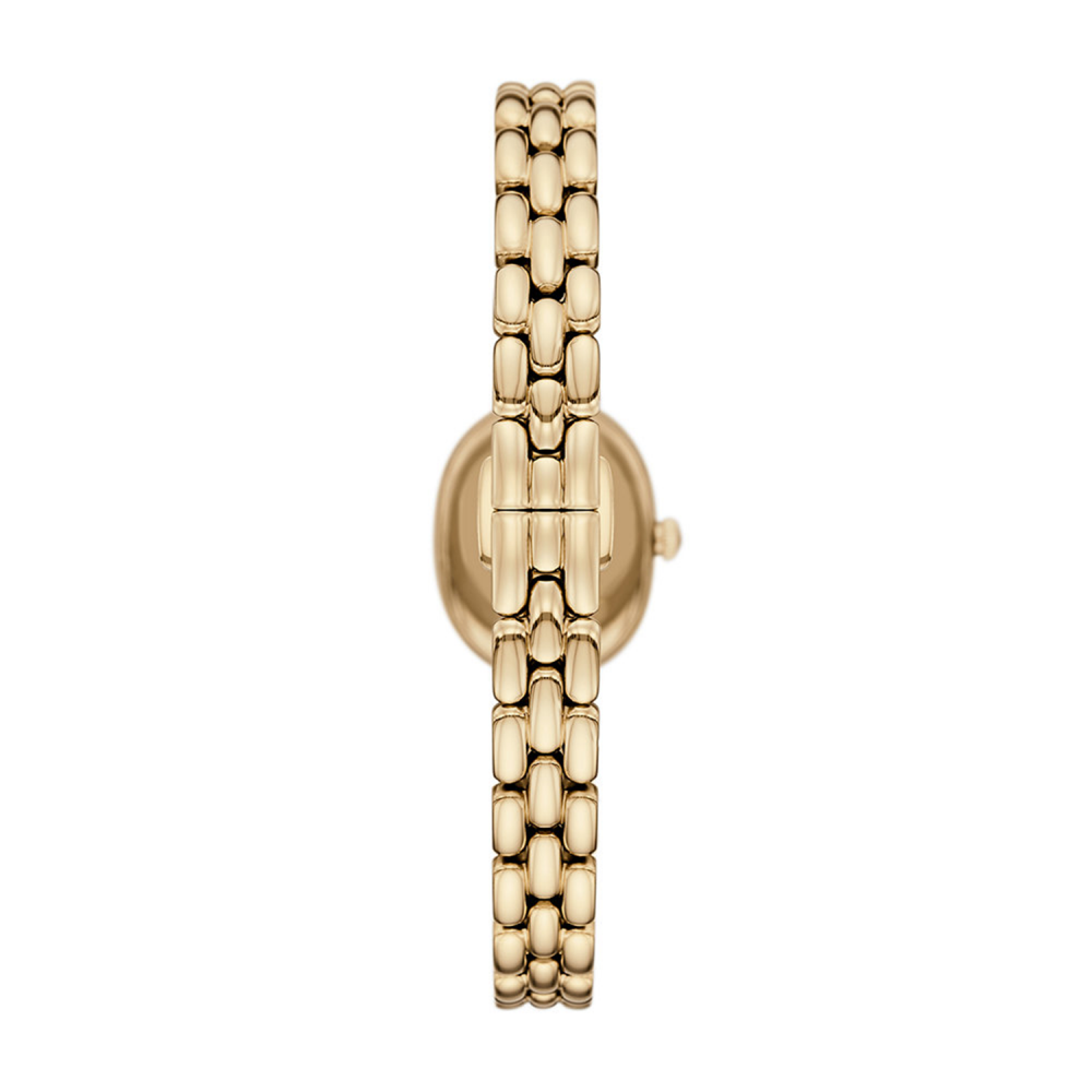 Gold watch with a chain-like bracelet on a white background