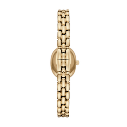 Gold watch with a chain-like bracelet on a white background