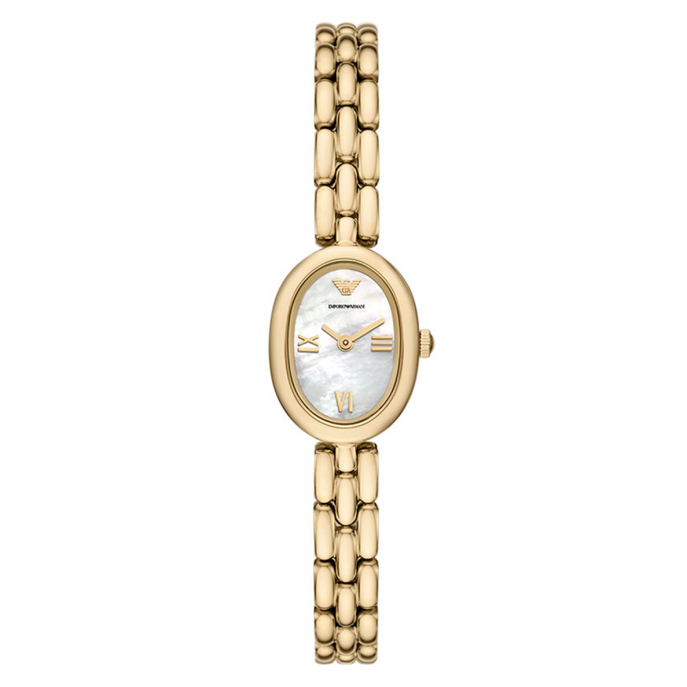 Gold watch with a white face on a white background