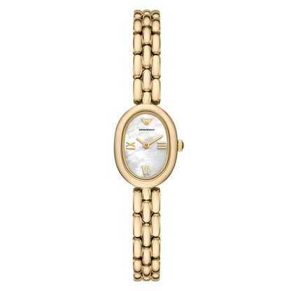 Gold watch with a white face on a white background