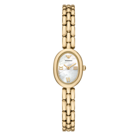 Gold watch with a white face on a white background