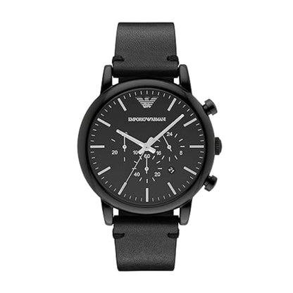 Black Emporio Armani watch on a white background