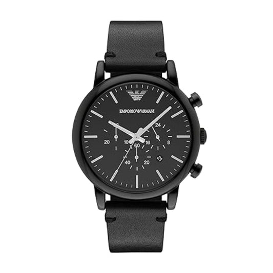 Black Emporio Armani watch on a white background