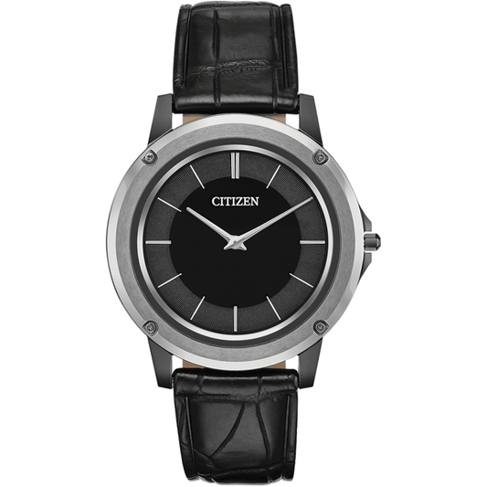 Citizen watch with black leather strap and black dial on a white background