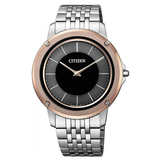 Silver and rose gold watch with black dial on a white background