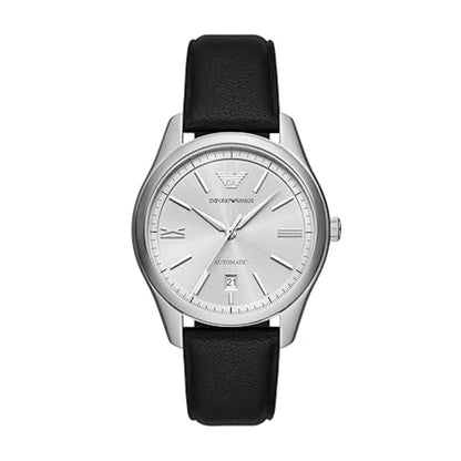 Silver watch with black strap on a white background