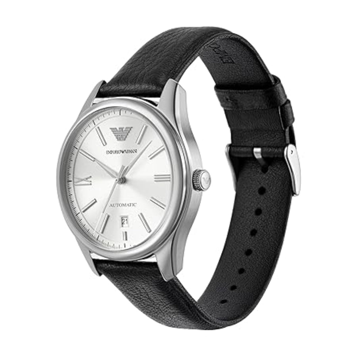 Watch with black strap and silver case on a white background
