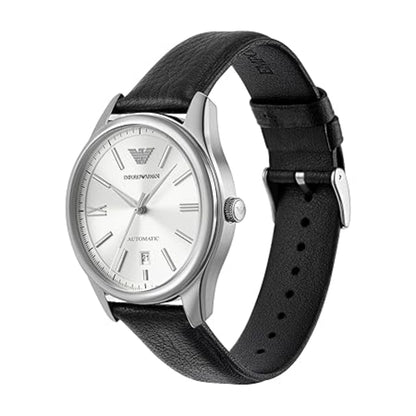 Watch with black strap and silver case on a white background