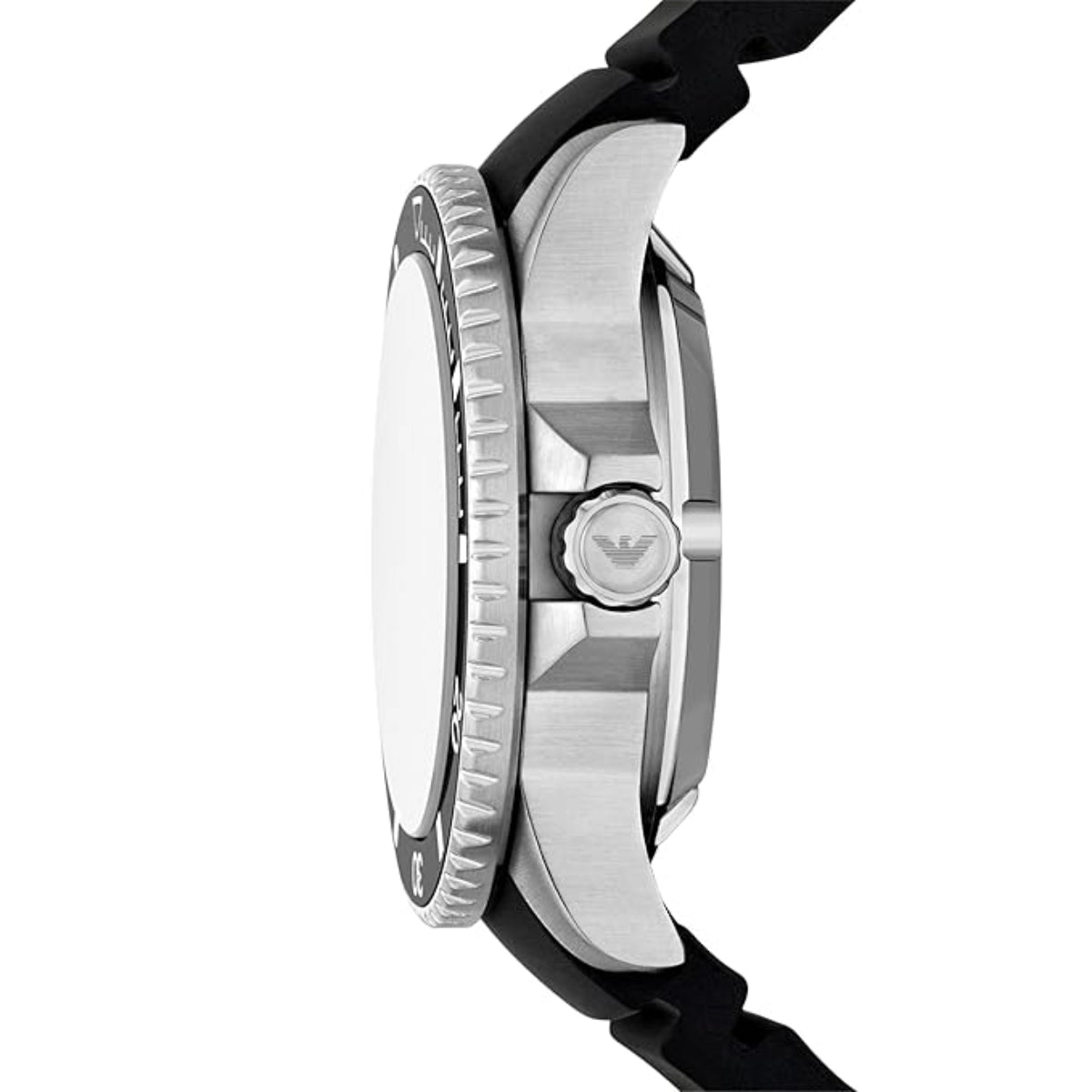 Close-up of a watch with a black strap and silver case on a white background
