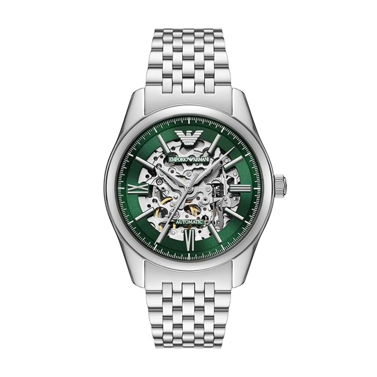 Silver watch with green face on a white background
