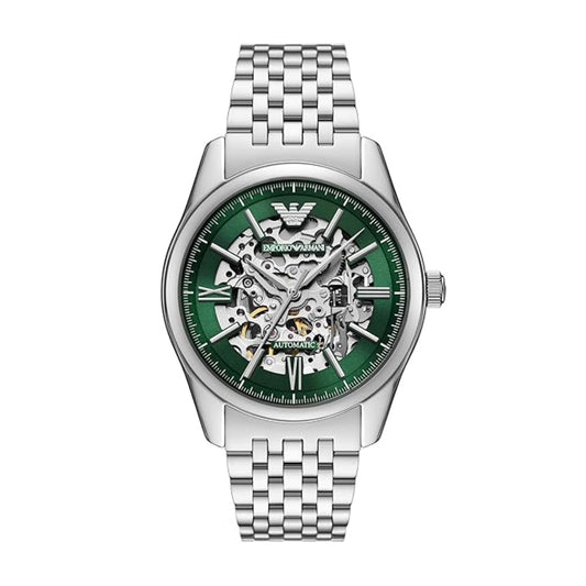 Silver watch with green face on a white background