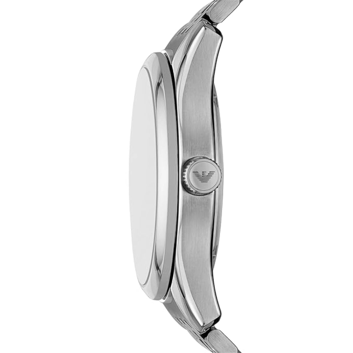 Close-up of a silver watch with brand logo on a white background