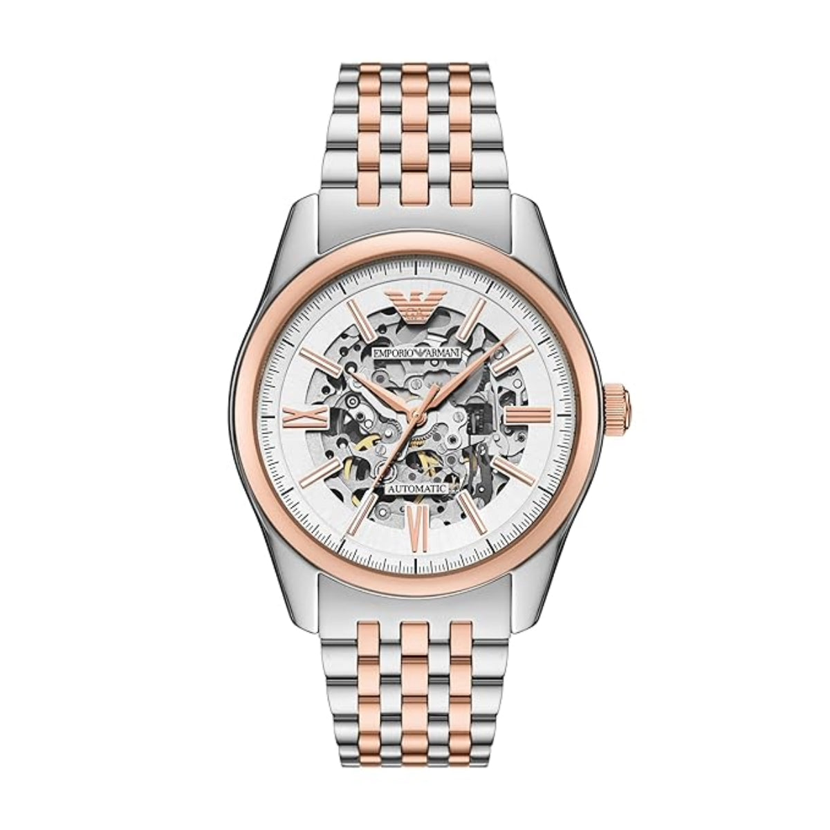 Two-tone watch with silver and rose gold band on a white background