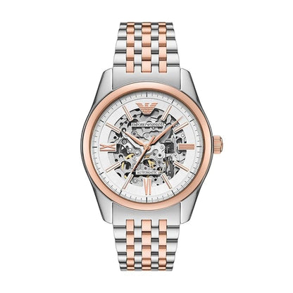Two-tone watch with silver and rose gold band on a white background