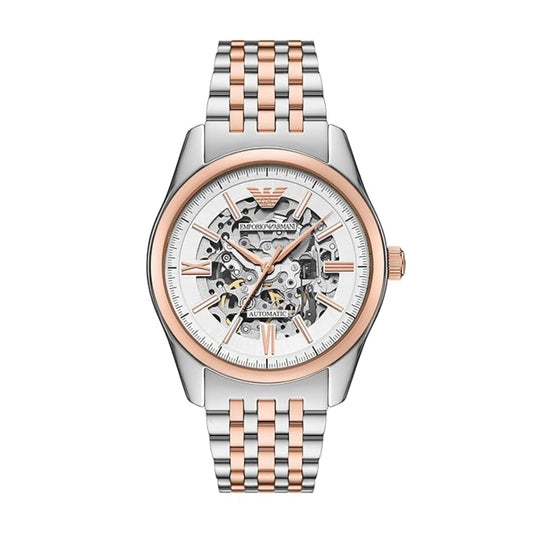 Two-tone watch with silver and rose gold band on a white background