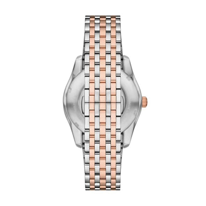 Watch with a two-tone rose gold and silver bracelet on a white background