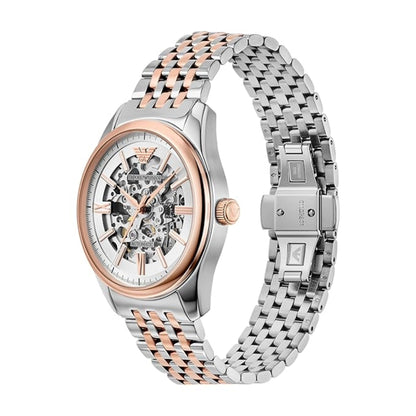 Silver and rose gold watch with a detailed face on a white background