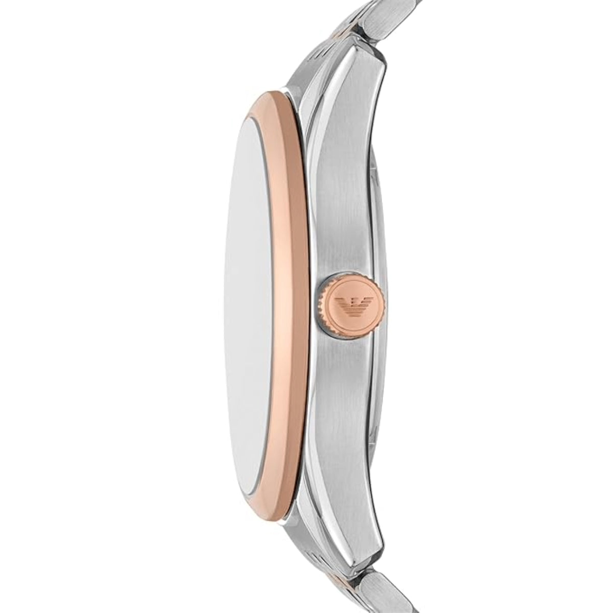Close-up of a watch with silver and rose gold design on a white background