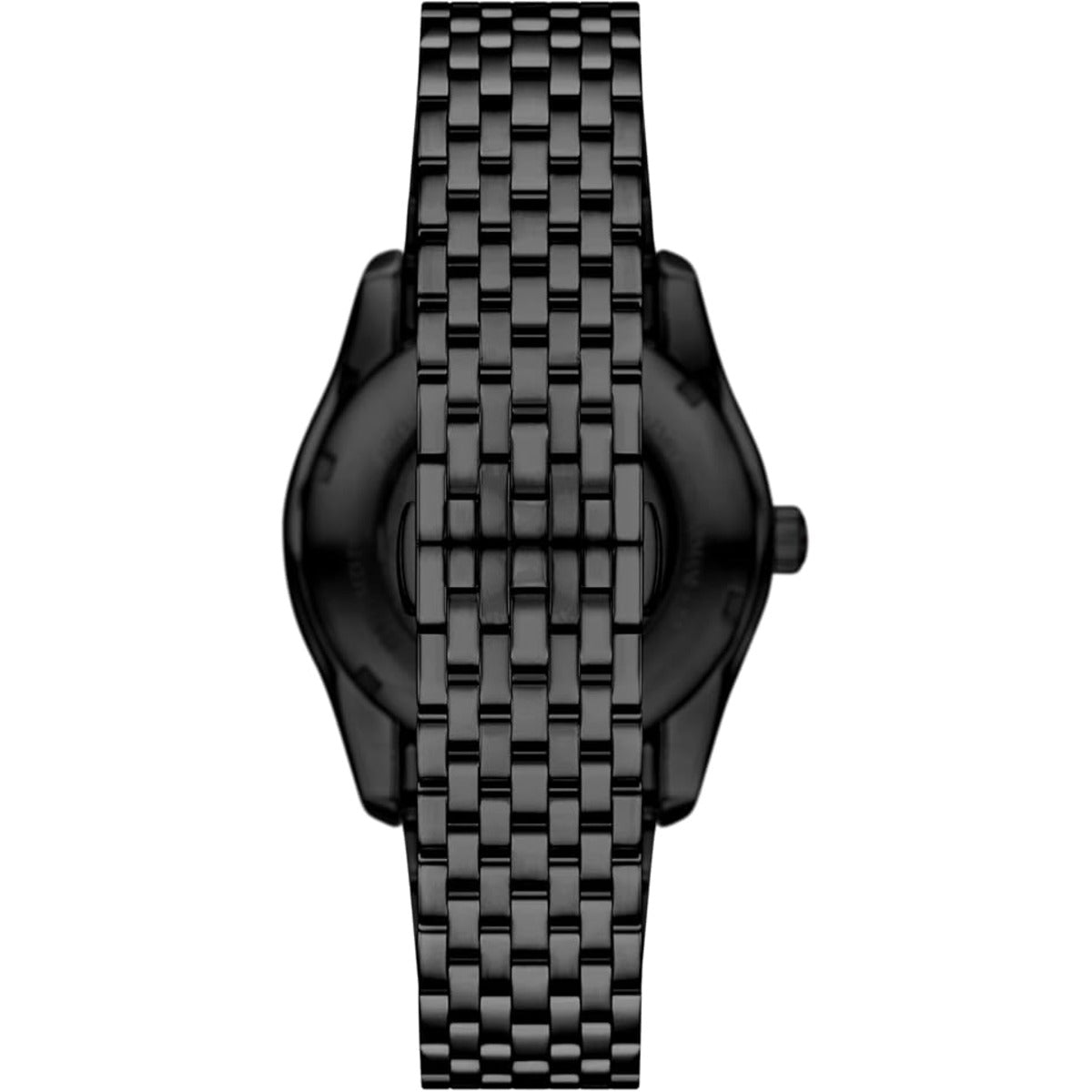 Black watch with a woven metal strap on a white background