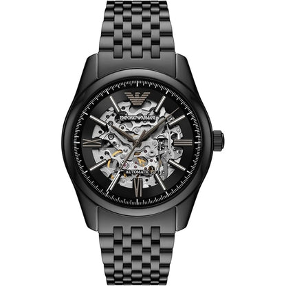 Black Emporio Armani watch with visible brand logo on a white background