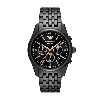 Black Emporio Armani watch with detailed face on a white background