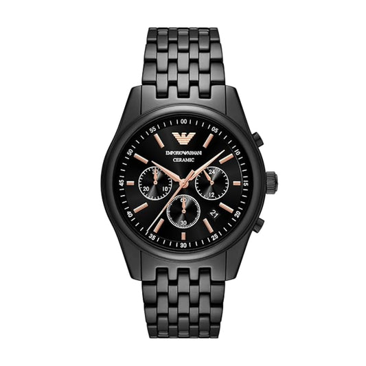 Black Emporio Armani watch with detailed face on a white background