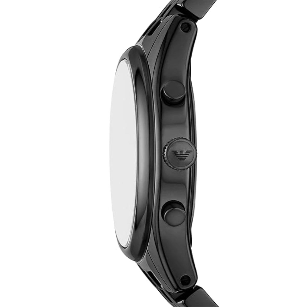 Close-up of a black watch with brand logo on a white background