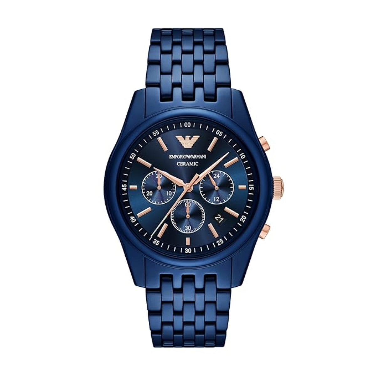 Blue Emporio Armani watch with a detailed face on a white background
